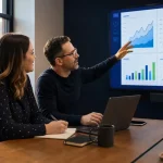 A business owner and strategist reviewing website growth and lead performance